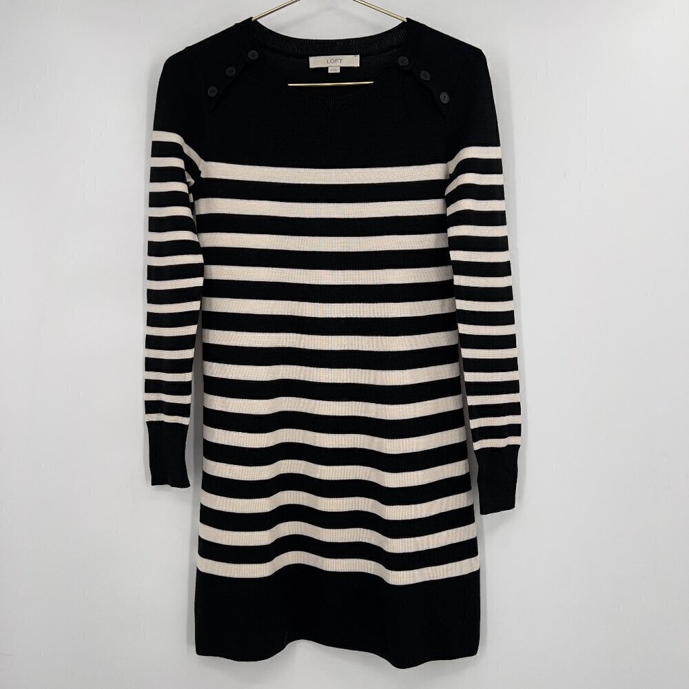 LOFT Women’s Black White Striped Long Sleeve Sweater Dress Size XS